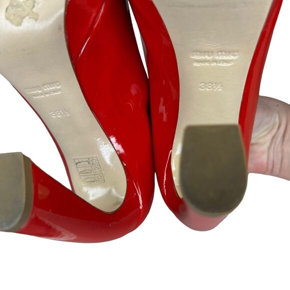 MIU MIU RED PUMPS PATENT LEATHER PEEP TOE BLOCK HIGH HEEL SHOES WOMEN EU 38.5 - Picture 9 of 10
